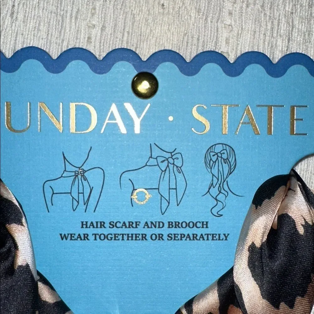 SUNDAY • STATE Ivory Beige Black Animal Leopard Print Hair Neck Scarf & Brooch